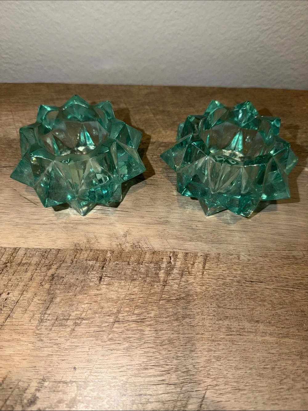 Glass Lotus Teal Votive Candle Holders - Set of 2